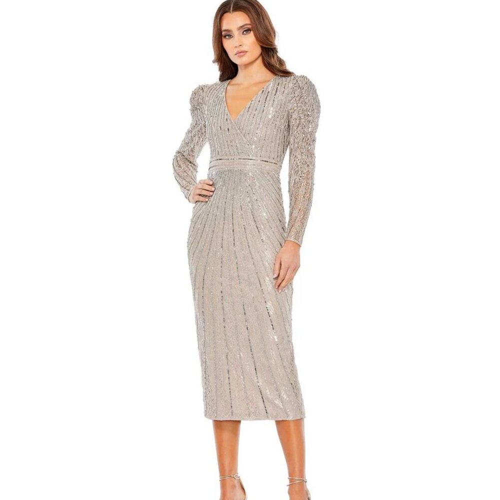 Mac Duggal Taupe Beaded Lace Midi Dress Size 12 NWT Elegant Formal Gala